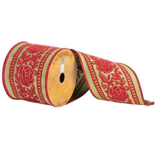4" x 10yd Green Red Flower Flock Border Ribbon