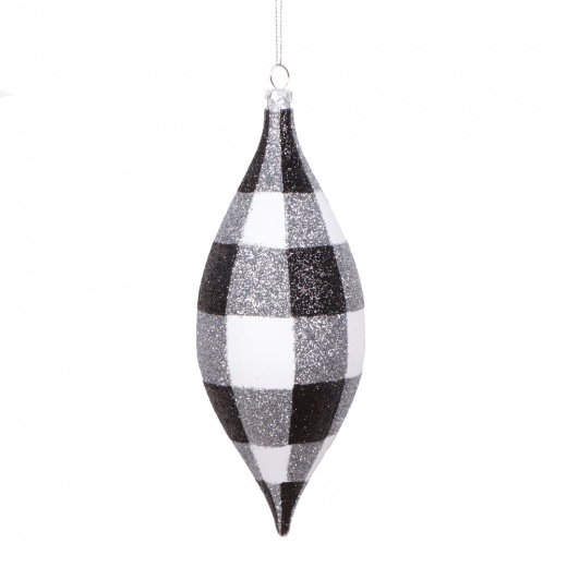7" White Black Plaid Glitter Shuttle Ornament