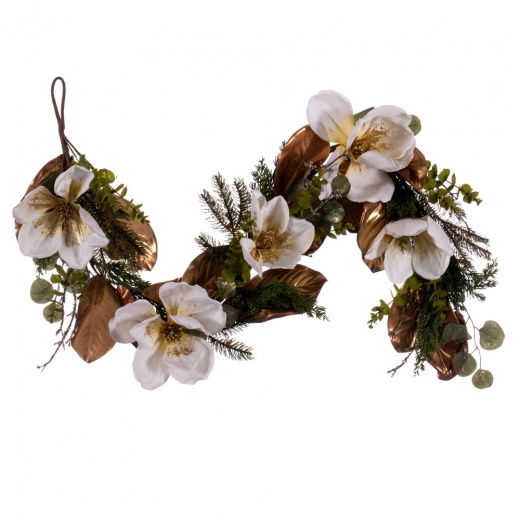 60" White/Gold Magnolia Garland