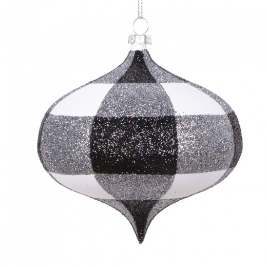 4" White Black Plaid Glitter Onion Ornament
