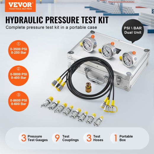Vevor Hydraulic Pressure Test Kit - 250/400/600Bar Excavator Hydraulic Test Gauge Set