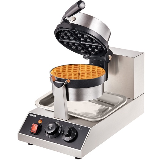 Vevor Commercial Round Waffle Maker 1300W Rotatable Non-Stick Waffle Iron 120V