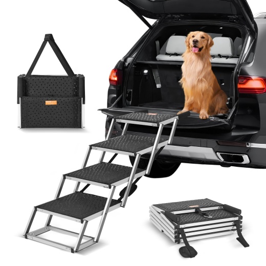 Vevor Dog Stair For Cars: 4-Step Folding Dog Steps Aluminum Up to 150 Lbs