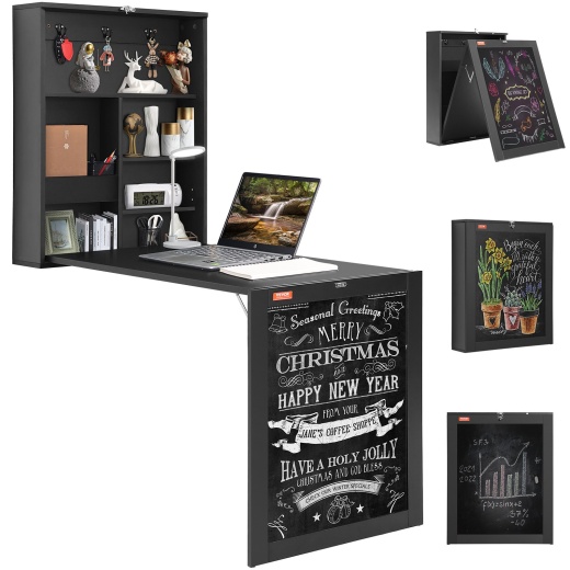 Vevor Wall Mounted Desk, Fold Out Convertible Desk, Multi-Function Folding Wall Table with Chalkboard for Home Office, Space Saving Computer Desk with Storage Area