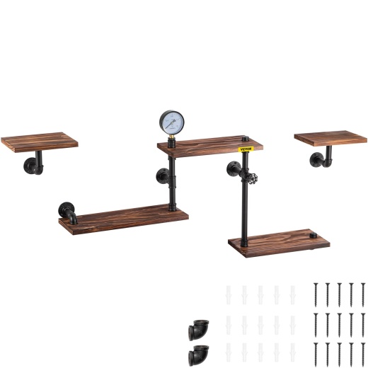 Vevor Industrial Pipe Shelving with 5-Tier Wood Planks - Rustic Floating Shelves Wall Mounted