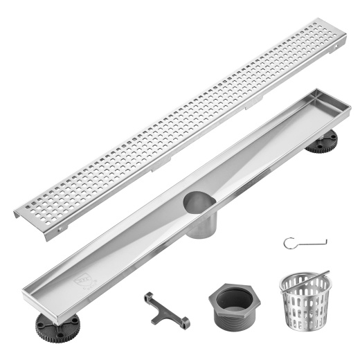 Vevor 24Inch Linear Shower Drain with Square Pattern Grate,Brushed 304 Stainless Steel Rectangle Shower Floor Drain