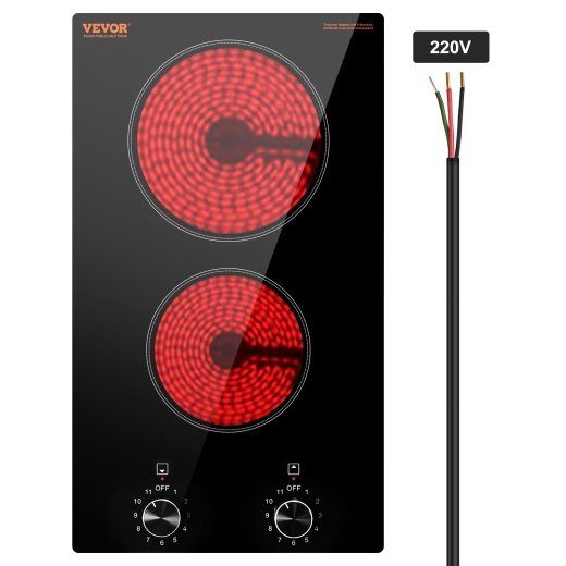 Vevor Built-In Electric Cooktop Radiant Ceramic Cooktop 2 Burners 20.1X11.6 Inch