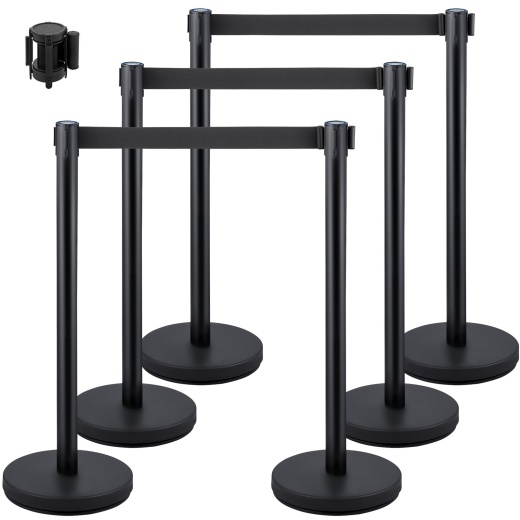Vevor Crowd Control Stanchions, 6-Pack Solid Base Crowd Control Barriers With 3Pcs 6.6Ft Black Retractable Belts, Black Stanchion Queue Post, Belt Barriers Line Divider Stanchion Set