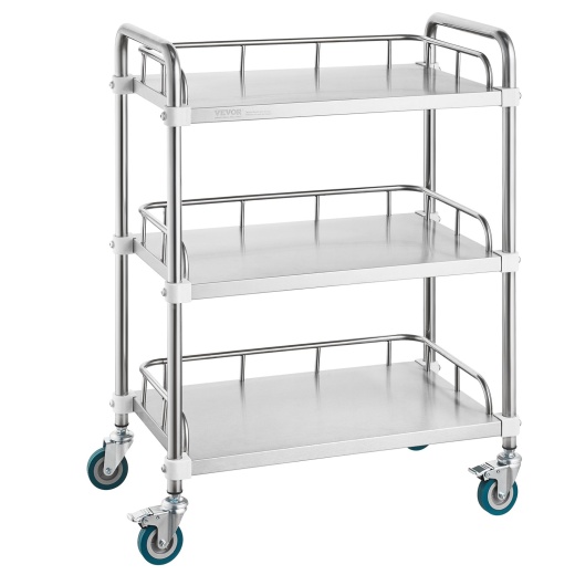 Vevor Lab Rolling Cart - 3-Shelf Stainless Steel Rolling Cart with Swivel Casters