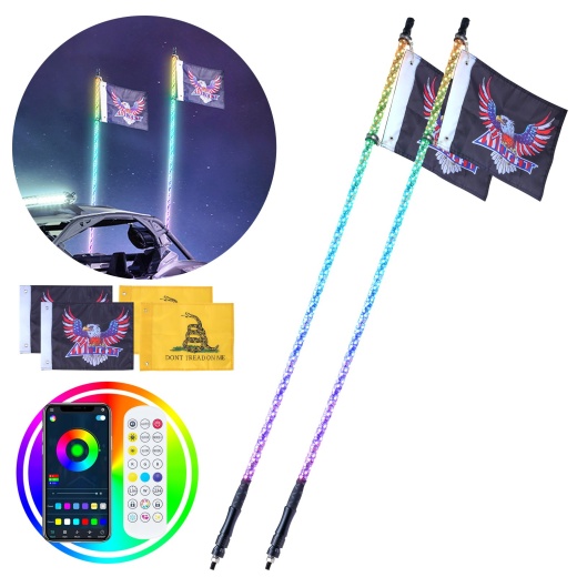 Vevor 2 Pcs 5 Ft Whip Light, APP & RF Remote Control Led Whip Light