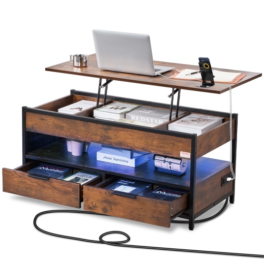 Vevor Lift Up Coffee Table, 39.4 In Rectangle Coffee Table With Storage Drawers, Coffee Table With Charging Station & Usb & Led Light, Hidden Compartments And Open Shelf For Living Room, Home, Office, Brown