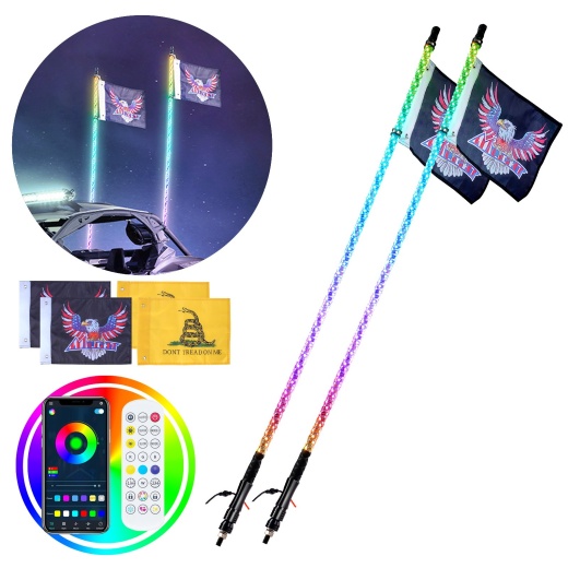 Vevor 2 Pcs 4 Ft Whip Light: APP & RF Remote Control Led Whip Light for UTVs, ATVs, Motorcycles