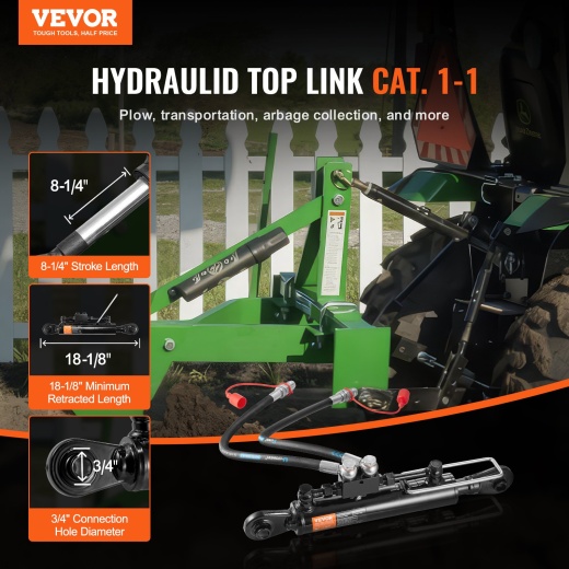 Vevor Hydraulic Top Link Cat.1-1 - Hydraulic Cylinder With 2 Hoses & G3/8 Check Valve