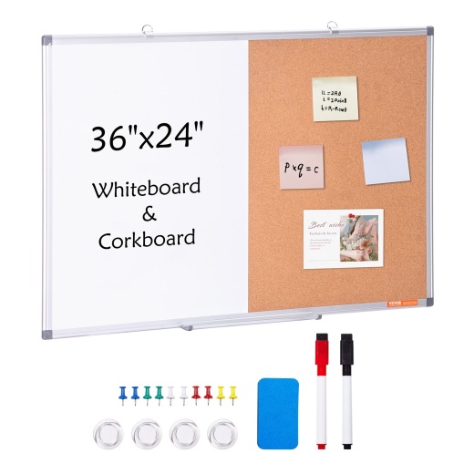 Vevor 36"X 24" Whiteboard & Cork Board Combo With Aluminum Frame – 2-In-1 Magnetic Dry Erase Bulletin Board For Wall Mount – Ideal For School, Home, Office