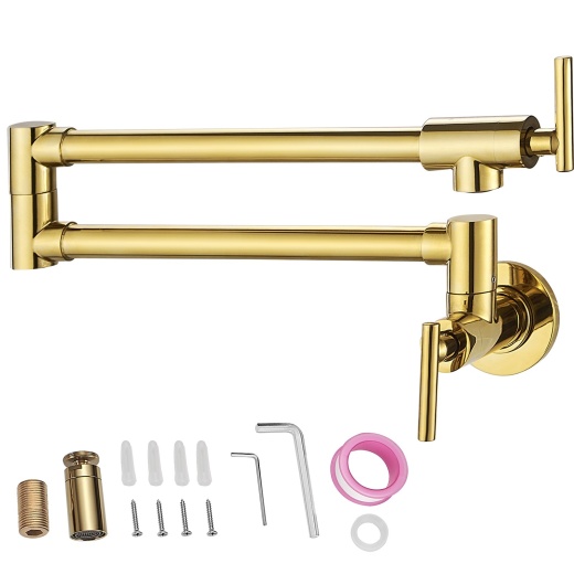 Vevor Pot Filler Faucet - Solid Brass Commercial Wall Mount Kitchen Stove Faucet with Gold Finish