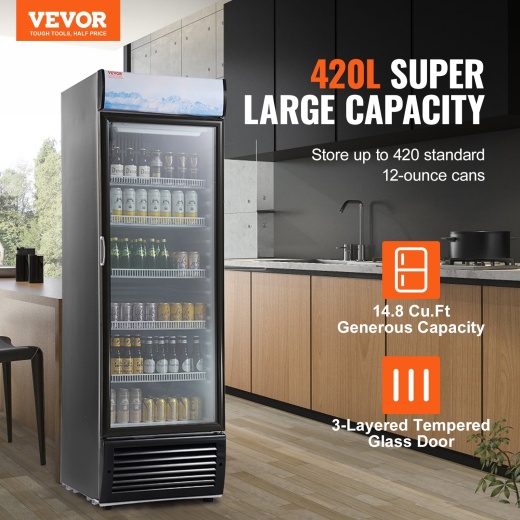 Vevor Commercial Merchandiser Refrigerator - 14.8 Cu.Ft / 420L Beverage Refrigerator Cooler Merchandiser