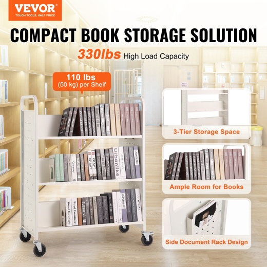 Vevor Book Cart: Adjustable Rolling Library Cart with Lockable Wheels