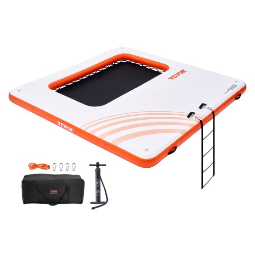 Vevor Inflatable Floating Dock, 10x10FT Inflatable Dock Platform with 4*7FT Trampoline Mesh Pool, Non-Slip Floating Platform Water Mat with Portable Bag & Detachable Ladder for Pool Beach Relaxation