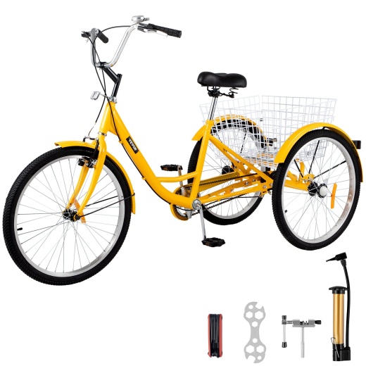 Vevor Yellow Adult Tricycle 24'' 1-Speed 3 Wheel Bike