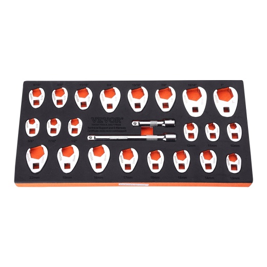 Vevor 3/8" Drive Crowfoot Wrench Set with 2 Extension Bars, 24-Piece Crows Foot Wrench Set