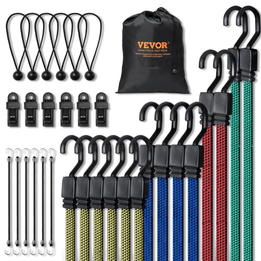 Vevor 32 Pcs Flat Bungee Cord Set 17 Mm Heavy Duty Bungee Straps With J-Hooks