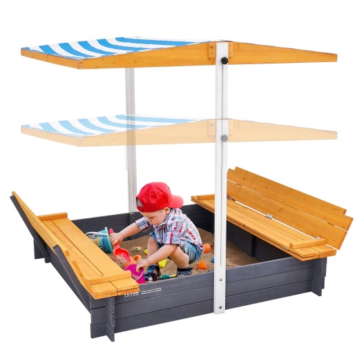 Vevor Wooden Sandbox With Canopy - Natural Wood Kids Sandbox for Outdoor Backyard, Beach, Park
