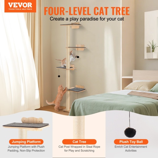 Vevor Wall Mounted Cat Shelves Tree With Platform Tree-Shaped Cat Furniture Set