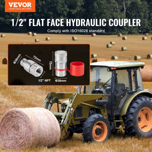 Vevor 1/2" Flat Face Hydraulic Couplers | 3/4 Sae Skid Steer Hydraulic Quick Connect Couplers