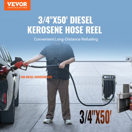 Vevor Fuel Hose Reel - 3/4" X 50' Extra Long Retractable Diesel Hose Reel