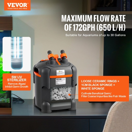 Vevor Aquarium Filter 172Gph - Ultra-Quiet Canister Filter for 30 Gallon Fish Tanks