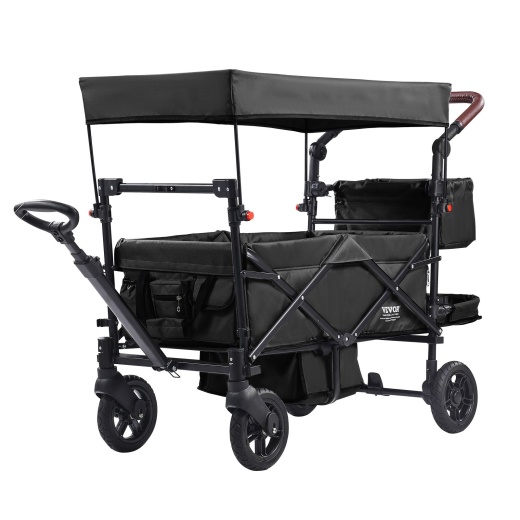 Vevor Wagon Stroller For 2 Kids, Push Pull Quad Collapsible Stroller With Adjustable Handle, Encircling Harness Removable Canopy, 4 Wheels With Brakes, Mutifunction Tandem Stroller For Camping Black