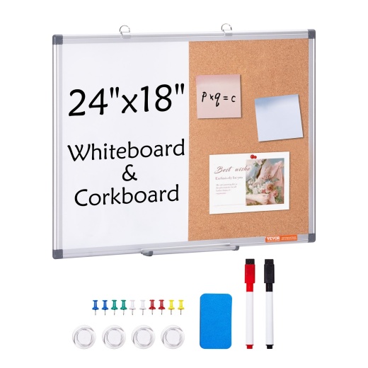 Vevor 24"X18" Whiteboard & Cork Board Combo With Aluminum Frame – 2-In-1 Magnetic Dry Erase Bulletin Board For Wall Mount – Ideal For School, Home, Office