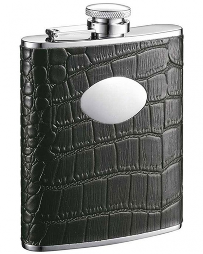 Visol Noir Black Crocodile Leather 6Oz Stainless Steel Flask