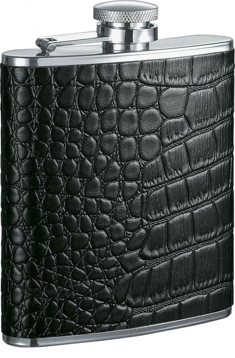 Visol Beau Monde Black Crocodile Leather Hip Flask