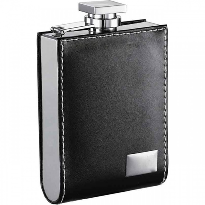 Visol Wallet Black Leatherette 6Oz Liquor Flask With Engraving Plate