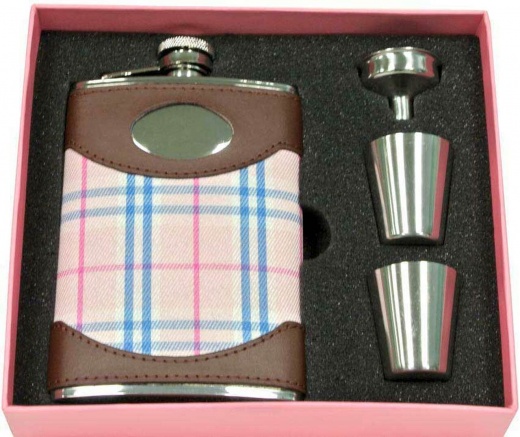 Visol Pink Box Lola Leather & Plaid 8Oz Flask Gift Set