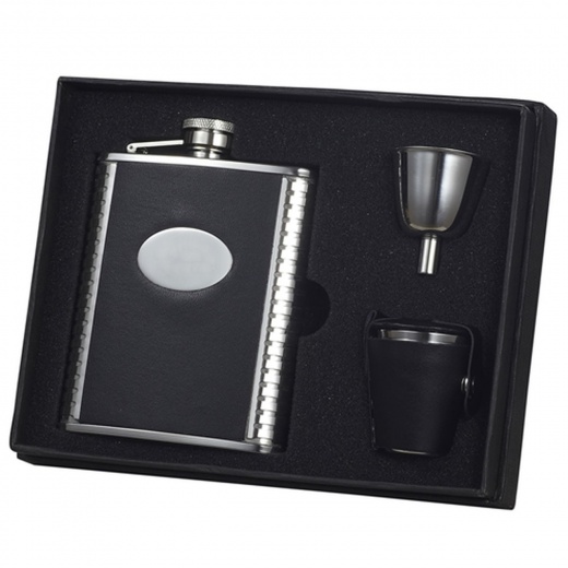 Visol Tux Ribbed Design Leather 6Oz Deluxe Flask Gift Set