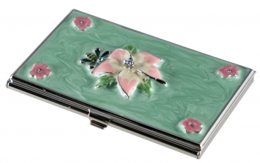Visol Flora Green and Pink Lacquer with Crystals Women's Business Card Case