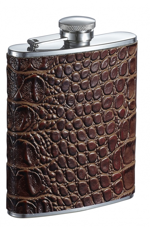 Visol Bronze Brown Crocodile Pattern Leather Liquor Flask