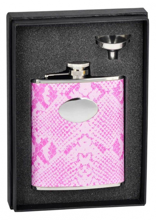 Visol Rosy Boa Pink Snakeskin Leather Stainless Steel 6Oz Flask Gift Set