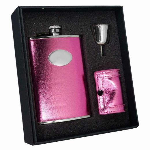 Visol Marilia 8Oz Hot Pink Leatherette Deluxe Flask Gift Set
