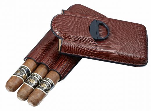 Visol Granada Brown Leather 3 Finger Cigar Case with Cigar Cutter
