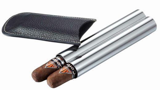 Visol Double Trouble Black Leather and Stainless Steel Cigar Case