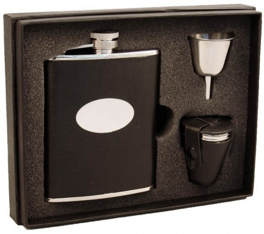 Visol Lance Black Leather Stainless Steel 6Oz Deluxe Flask Gift Set