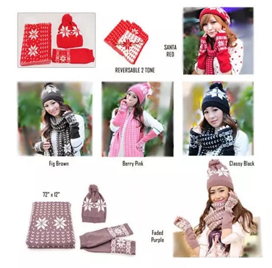 Snow Angel 3 Pc Xmas Set Of Scarf, Hat And Gloves In 2 Tones