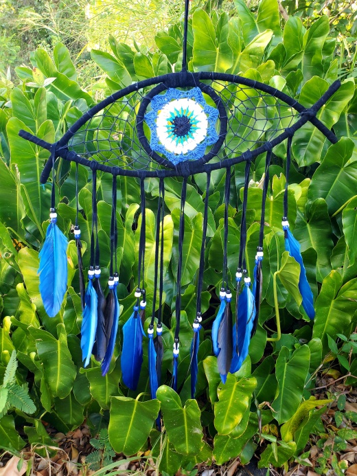 Handmade Evil Eye Dream Catcher, Black & Blue Feather