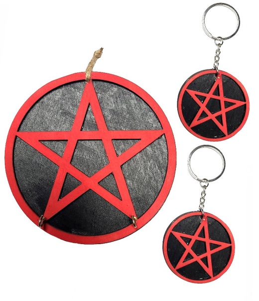 Handcrafted Set Of Keyholder And 2 Wood Keychain : Black Pentagram