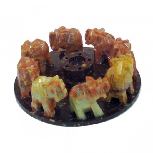 Stone 8 Elephant Ring Burner - Hand Carved Stick Incense Holder