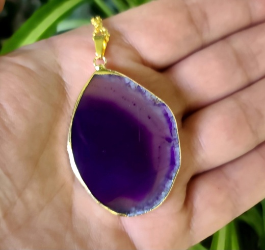 Agate Slice Pendant Gold Plated Purple
