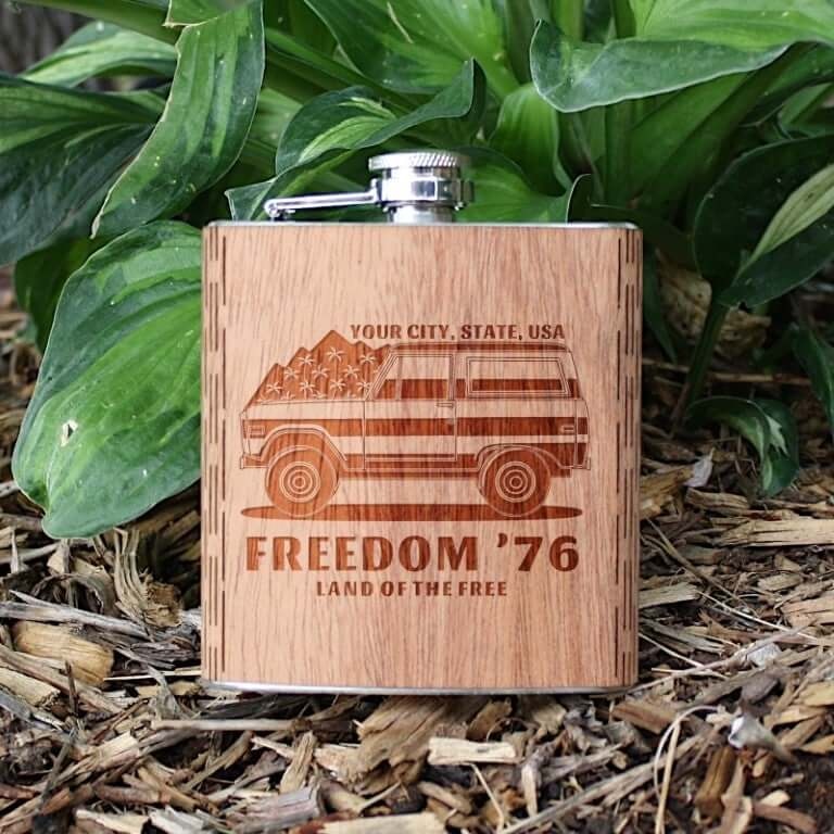 6 Oz. Wooden Hip Flask - Freedom '76 Collection (Customized With Your City & State)